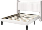Allewie Full Size Platform Bed Frame with USB Charging Station and Storage Shelf/Upholstered Velvet Wingback Headboard/Wooden Slats Support/No Box Spring Needed/Easy Assembly, White