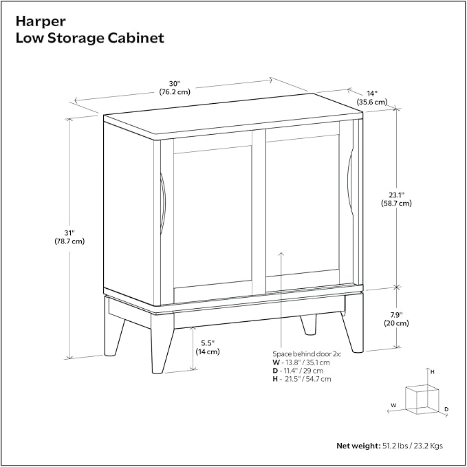 SIMPLIHOME Harper Storage Cabinet - 30 inch Wide Solid Hardwood 2-Shelf Low Console Cabinet in Black, Mid-Century Modern Cupboard for Living Room with Sliding Doors and Adjustable Shelves