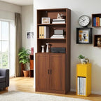 75" Tall Bookcase with Doors, 5 Tier Large Bookshelf with Cabinet, Standing Wood Display Book Shelf for Living Room, Office, Library with Doors, Brown