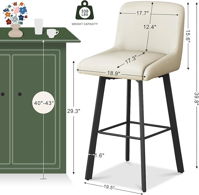 Swivel Bar Stools, 30''H Upholstered Barstools with Backs, Modern Counter Height Bar Stool Chairs for Kitchen Island, Metal Legs (Beige- Faux Leather, Set of 3-30" H)