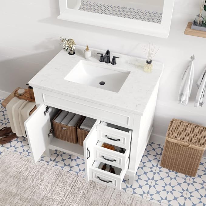 Hanover 36 Set Includes w, White Lanesboro 36'' Vanity Sink Combo for Bathroom, Powder Room | Pre-Assembled 2 Doors, 3 Drawers | Accent Mirror | Artificial Stone Countertop, Cabinet, 36 inches
