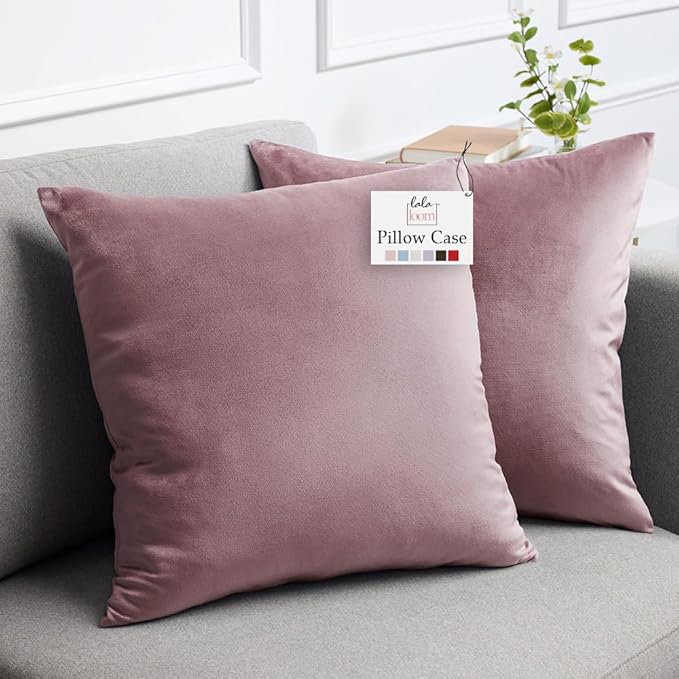 lalaLOOM Velvet Throw Pillow Covers, Set of 2 Decorative Square Pillows Home Decor, Soft Accent Cases, Silky Machine Washable Pillowcases for Sofa, Couch, Bedroom, Living Room, 16x16, Dusty Rose