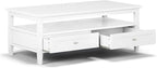 SIMPLIHOME Warm Shaker Coffee Table - 48 inch Wide Solid Wood Cocktail Table in White, Transitional Living Room Table with 2 Storage Drawers and Open Shelf for Sitting Area or Lounge