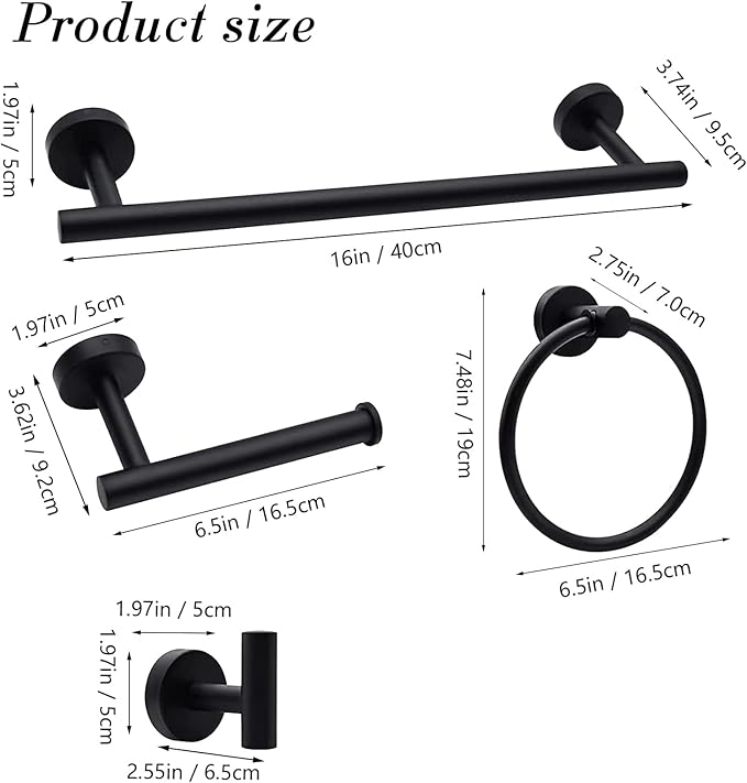 5-Pieces Matte Black Bathroom Accessories Set, Stainless Steel Bathroom Hardware Set, Bath Towel Bar Set, Towel Racks for Bathroom Wall Mounted.