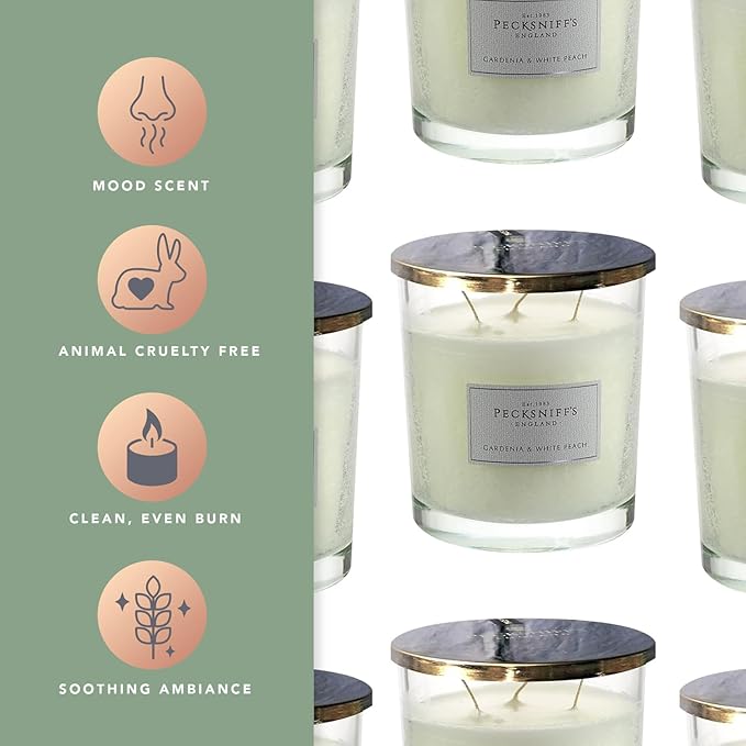 Pecksniffs Classic Gardenia & White Peach Scented Candle | 3 Wicks Luxury Candle in Elegant Glass Vessel with Metal Lid | Gardenia Scented Candles | 550g/19.4oz