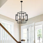 WJShome High Ceiling Foyer Chandelier: 4-Light Farmhouse Lantern Chandeliers for Entryway Industrial Large Pendant Light Fixtures for Entry Staircase Hallway Dining Room Kitchen Island, Black & Gold
