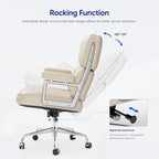 Genuine Leather Office Chair, Mid Back Executive Desk Chairs with Aluminum Arms and Wheels, Swivel Office Leather Chair with Thickened Backrest and Ergonomic Lumbar Support, White