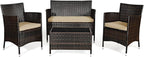 COSTWAY 4PCS Rattan Patio Furniture Set, Outdoor Wicker Rattan Chairs with Coffee Table, Rattan Cushioned Conversation Set for Backyard Balcony Porch Poolside, Brown