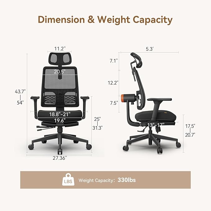Newtral Office Chair Ergonomic with Footrest, Auto-Following Lumbar Support, High Back Desk Chair with 4D Armrest,136° Tilt Lock, Adjustable Seat Depth & Height (2D Headrest, Black)