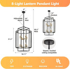 WJShome High Ceiling Foyer Chandelier: 8-Light Farmhouse Lantern Chandeliers for Entryway Industrial Large Pendant Light Fixtures for Entry Staircase Hallway Dining Room Kitchen Island, Black & Gold