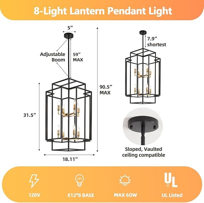 WJShome High Ceiling Foyer Chandelier: 8-Light Farmhouse Lantern Chandeliers for Entryway Industrial Large Pendant Light Fixtures for Entry Staircase Hallway Dining Room Kitchen Island, Black & Gold