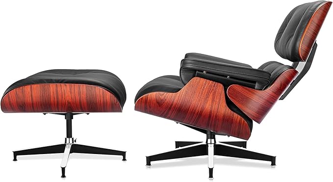 Top Black Grain Leather, Mid Century Chaise Lounge Chair and Ottoman, Modern Chair Classic Design, Red Rosewood, Heavy Duty Base Support for Living Room Study Lounge Office