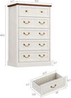 AOGLLATI Farmhouse 5 Drawers Dresser for Bedroom, 48” Tall Wood Rustic Chest of Drawers with Natural Texture, Vintage Design, Black Storage Dresser for Bedroom,Antique White