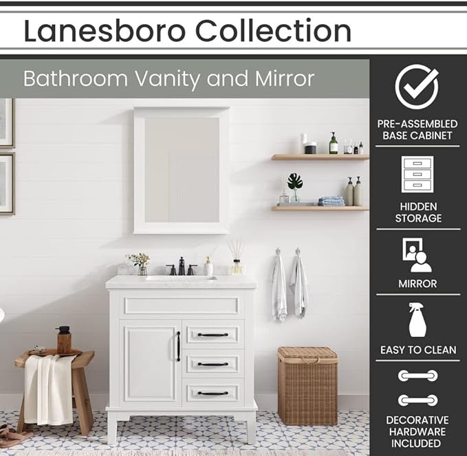 Hanover 31 Set Includes w, White Lanesboro 31'' Vanity Sink Combo for Bathroom, Powder Room | Pre-Assembled 1 Door, 3 Drawers | Accent Mirror | Artificial Stone Countertop, Cabinet, 31 inches