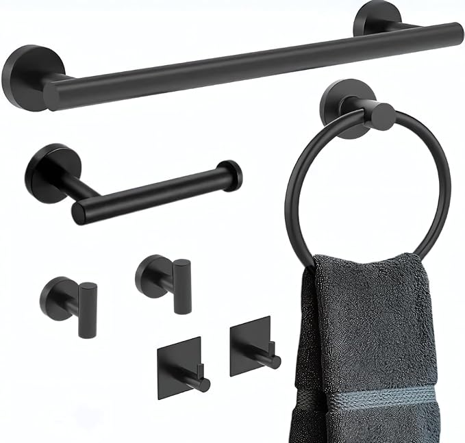 Matte Black Bathroom Hardware Set 7 Piece Towel Rack for Bathroom Modern Towel Bar Set Stylish Storage Solution Essential Bath Accessories