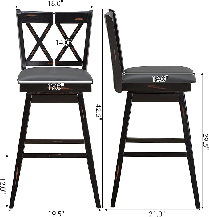 COSTWAY Bar Stool Set of 2, 360 ° Swivel Bar Height 29.5 inch Bar Stool with Foot Rest Upholstered Cushion & Ergonomic Backrest, Sturdy Frame, for Pub, Restaurant, Home (2, Black + Grey)