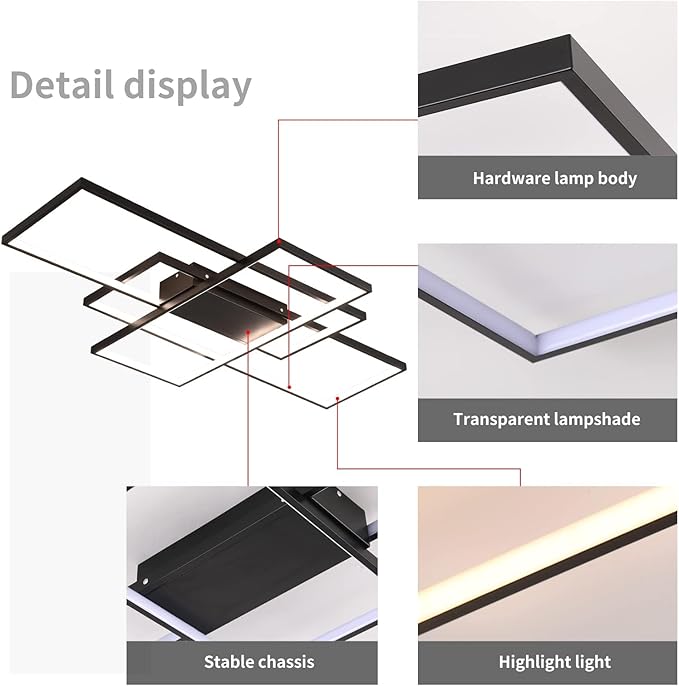GEADI Large Modern LED Ceiling Light, 35.4" Dimmable Flush Mount Ceiling Lights with Remote Control, Black 3 Rectangular Light Fixtures for Kitchen Bedroom Dining Room(3000-6500K)