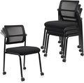 CLATINA Stacking Armless Office Guest Chair with Wheels, Stackable Mesh Waiting Room Reception Desk Chairs with Adjustable Backrest for Conference Lobby Side School, Black, 4PK