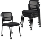 CLATINA Stacking Armless Office Guest Chair with Wheels, Stackable Mesh Waiting Room Reception Desk Chairs with Adjustable Backrest for Conference Lobby Side School, Black, 4PK