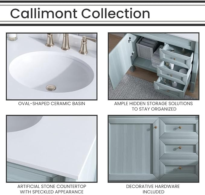 Hanover 36 Set Includes w, Blue Callimont 36'' Vanity Sink Combo for Bathroom, Powder Room | Pre-Assembled 1 Door, 3 Drawers | Accent Mirror| Artificial Stone Countertop Cabinet, 36 inches