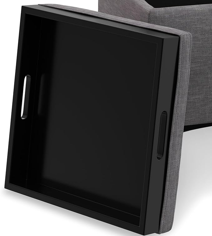 SIMPLIHOME Natasha 18 inch Wide Mid Century Square Mid Century Storage Ottoman with Tray in Slate Grey Polyester Linen, Assembled, For the Living Room, Entryway and Family Room