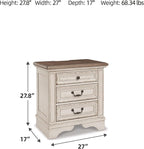 Signature Design by Ashley Realyn French Country 3 Drawer Nightstand with Electrical Outlets & USB Ports, 27.75" Tall, Chipped White