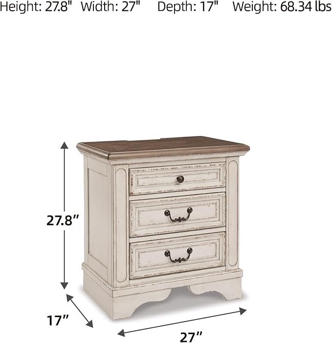 Signature Design by Ashley Realyn French Country 3 Drawer Nightstand with Electrical Outlets & USB Ports, 27.75" Tall, Chipped White