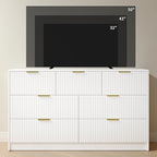 White 7 Drawer Dresser for Bedroom, 55” Wide Fluted Dresser with Gold Handles, Modern Chest of Drawer for Bedroom, Closet, Living Room, Entryway, Hallway, White