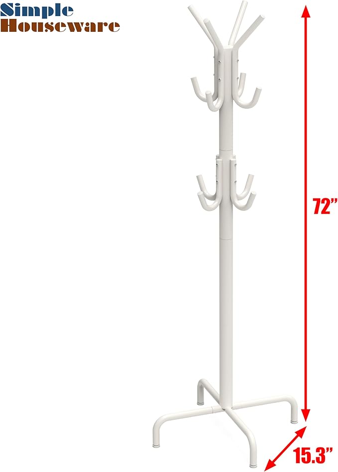 Simple Houseware Standing Coat and Hat Hanger Organizer Rack, 12 Hooks, White