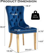 Velvet Upholstered Dining Chairs Set of 6, Modern Style Kitchen Side Chairs with Nailhead Trim and Gold Plated Leg, Metal Pulling Ring for Dining Room Living Room(Blue-Gold Plated Leg)