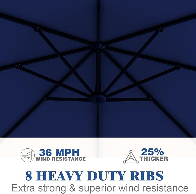 7 Piece Patio Dining Set with 11ft Patio Umbrella (Navy), 7 Navy Outdoor HDPE Dining Set with 6 Chairs + 1 Large Table with 2" Umbrella Hole, for Market, Pool, Garden, Backyard, Deck