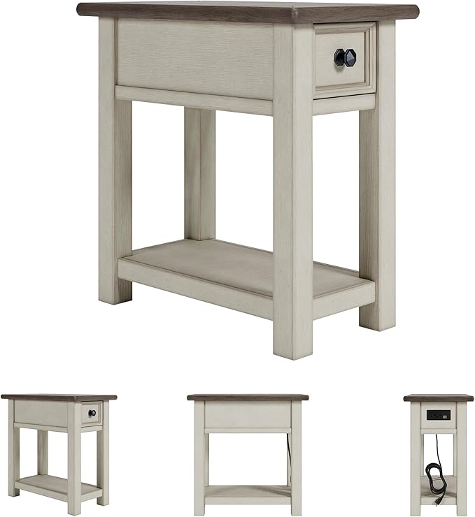 Signature Design by Ashley Bolanburg | Farmhouse Chair-Side End Table – USB Charging Ports, Drawer, Two-Tone Light Brown & Whitewash