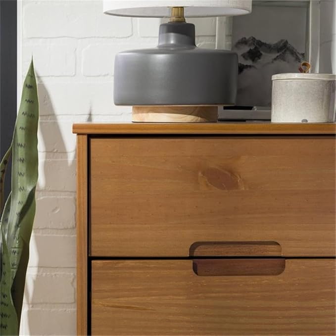 Walker Edison Mid Century Modern Grooved Handle Wood Nightstand Side Table Bedroom Storage Drawer and Shelf Bedside End Table, 2 Drawer, Caramel