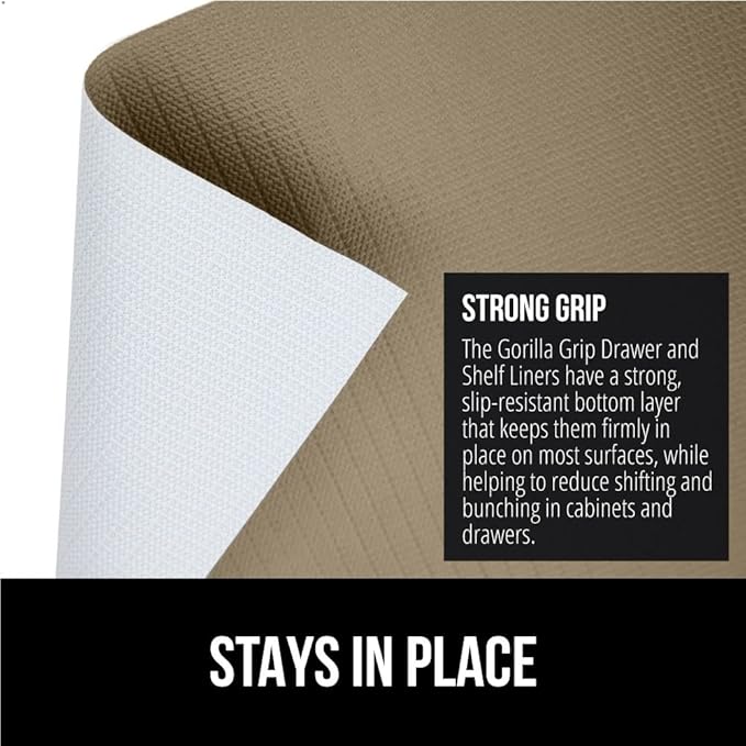 GORILLA GRIP Slip Resistant Drawer and Shelf Liner 2 Pack, Non Adhesive Water Resistant, Easy Clean and Trim, Smooth Surface Liners for Kitchen Cabinet, Shelves, Drawers, Pantry, 12 in x 10 FT, Beige
