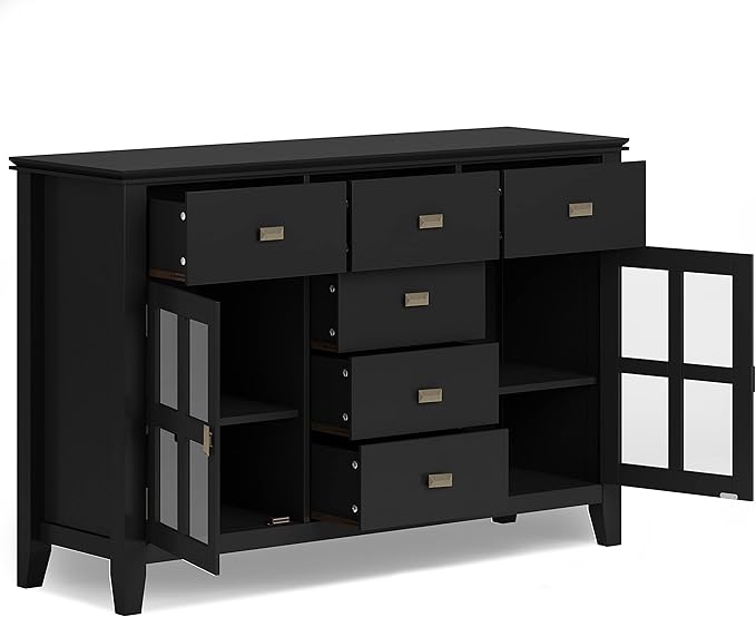 SIMPLIHOME Artisan Buffet - 54 inch Wide Solid Wood 3-Door Sideboard Buffet in Black, Contemporary Storage Cabinet for Dining Room or Kitchen with Adjustable Shelves and Bronze Hardware