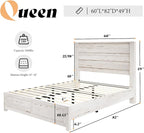 AMERLIFE Farmhouse Queen Size Bed Frame with 49" Fluted Headboard, Wood Platform Bed with Natural Grain, No Box Spring Needed/Noise Free, Distressed White