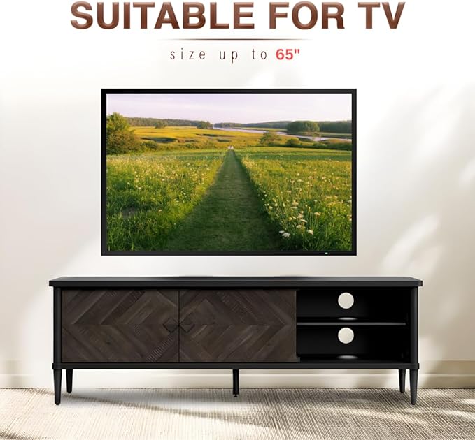 Lenia 65 Inch Solid Acacia Wood TV Stand, Modern Farmhouse Mid Century Media TV Console, Entertainment Center with Storage & Cabinets for Living Room, Mocha Black Finish