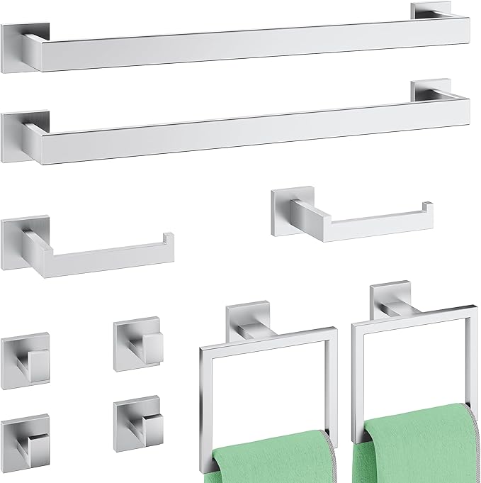 10-Piece Bathroom Hardware Accessories Set, 23.6 Inch SUS304 Stainless Steel Towel Bar Set, Wall Mounted Bathroom Towel Holders, Towel Hooks with Toilet Paper Holder