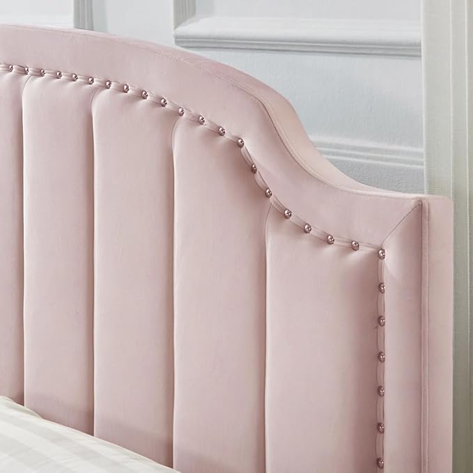 24KF Velvet Fabric Upholstered King/California King Headboard with Nail Trims, Modern Vertical Channel Design with Curved King Headboard, 6052-K-Pink