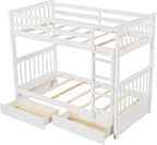 Merax Wood Bunk Bed with Drawers,Convertible Bunk Bed with Ladders and Two Storage Drawers,Solid Wood Detachable Bed Frame with Ladders,Twin Over Twin Size,White