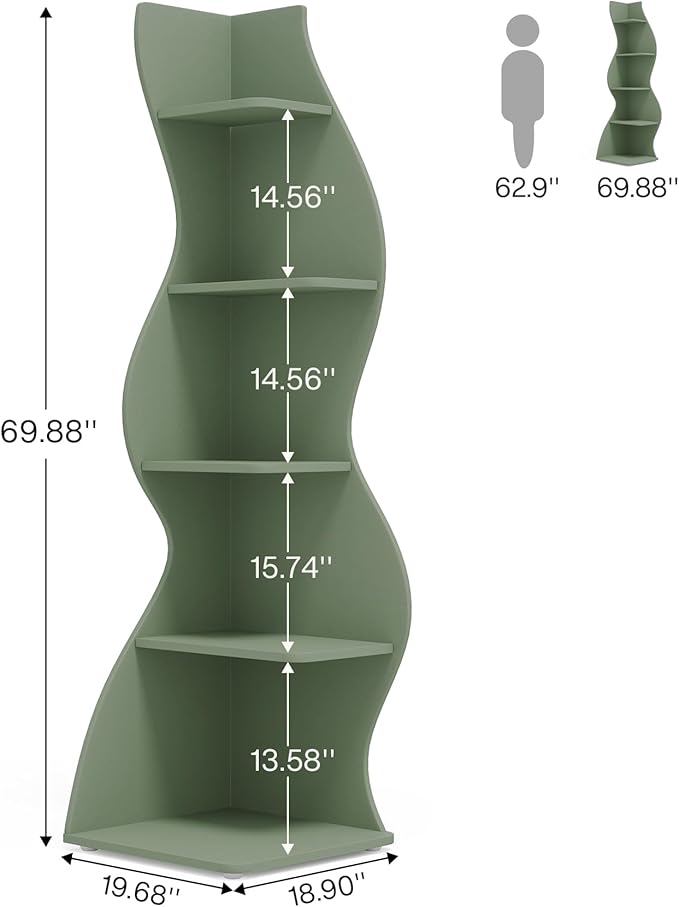 Tribesigns Corner Shelf, Modern 5-Tier Wall Corner Bookshelf, Stylish Corner Small Bookcase Storage Rack Plant Stand with Unique Shape for Living Room, Home Office (Sage Green, 2PCS)