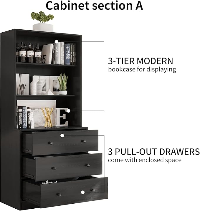 VOWNER Vertical File Cabinet, 3-Tier Modern Bookshelf with 3 Large Drawer, Wood Filing Cabinet with Open Storage Shelf, Glass Doors and Fixed Storage Shelves for Home Office, Black