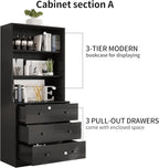 VOWNER Vertical File Cabinet, 3-Tier Modern Bookshelf with 3 Large Drawer, Wood Filing Cabinet with Open Storage Shelf, Glass Doors and Fixed Storage Shelves for Home Office, Black