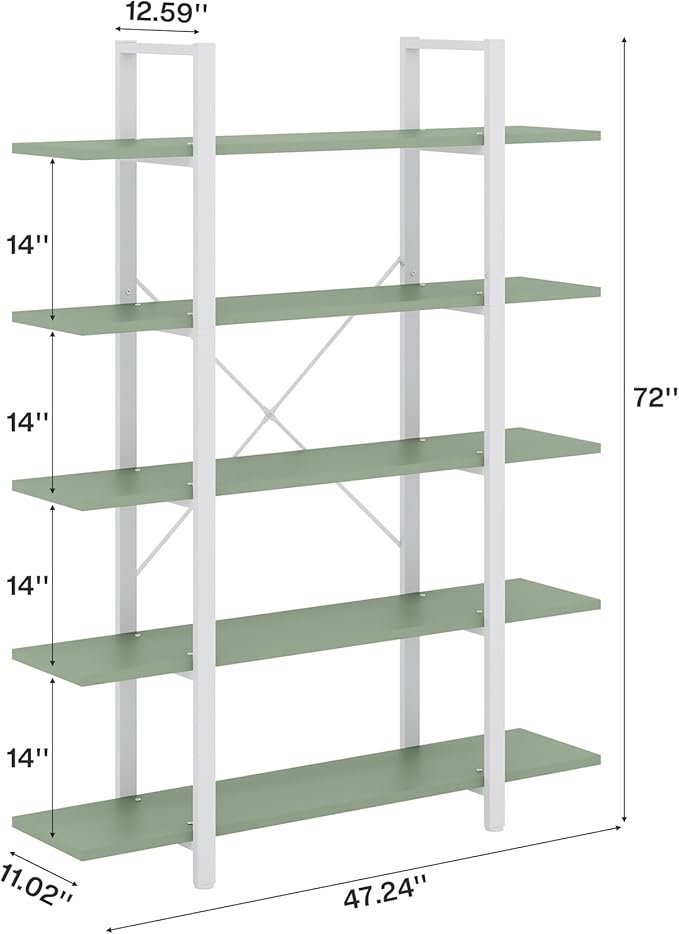 Tribesigns 5-Tier Bookshelf, Vintage Industrial Style Bookcase 72 H x 12 W x 47L Inches (Green)