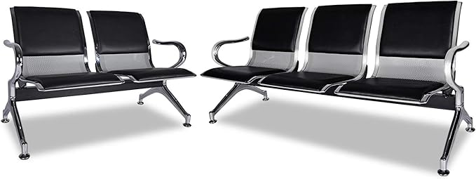 Kinsuite 5-Seat PU Leather Reception Bench - 2pcs Waiting Room Chairs with Arms & Non-Slip Foot Mats, Reception Chairs Guest Chair for Office Airport Bank Salon, Black
