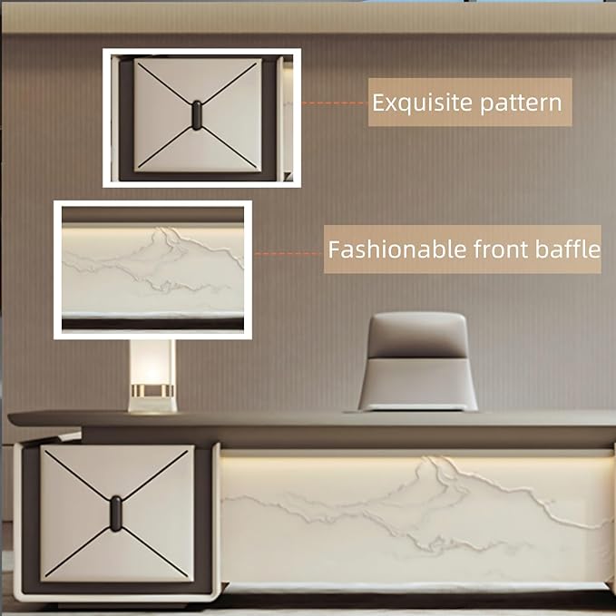 70IN L-Shaped Executive Desk with Drawer Cabinet, Executive Office Desk with LED Strip & Exquisite Handle & Fashionable Pattern Design