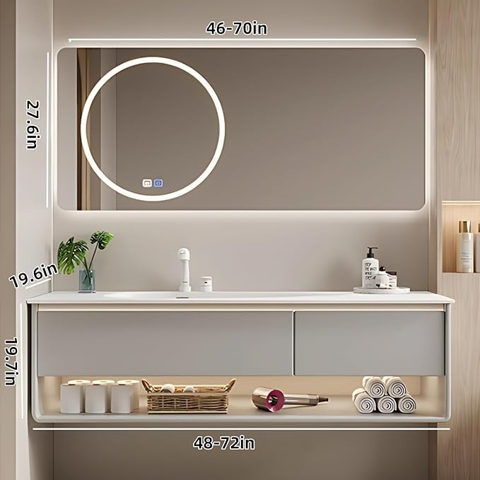 72IN Grey Bathroom Vanity Set - Floating Bathroom Vanity with Single Sink | Including LED Smart Defogging Mirror Cabinet & Time Display Function, Equipped with Motion Sensing Light Strip (Style B)