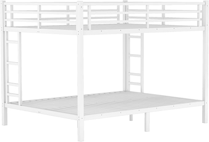 Queen Over Queen Bunk Bed for Adults, Teens, Heavy Duty Bunk Beds with 2 Ladder and Safety Guardrails, Adults Bunk Beds with Noise-Reducing Rubber Stoppers, Easy Assemble, White