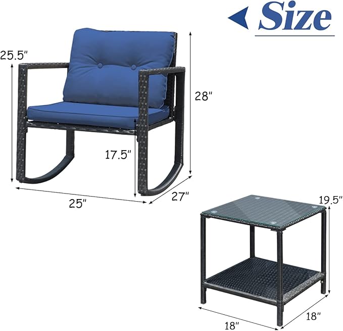 COSTWAY 3 Pieces Patio Rattan Rocking Chair Set, Outdoor Conversation Furniture Sets with Coffee Table, Storage Shelf and Cushions, Modern Bistro Set for Porch, Backyard, Garden, Navy