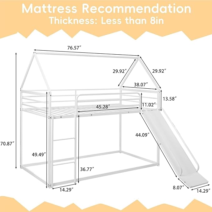 Bunk Bed with Slide for Kids,Bunk Bed Twin Over Twin, Metal Junior House Low Bunk Bed, Toddler Floor Bunk Beds Frame with Guardrail for Kids, Convertible Slide and Ladder Noise Free(New White)
